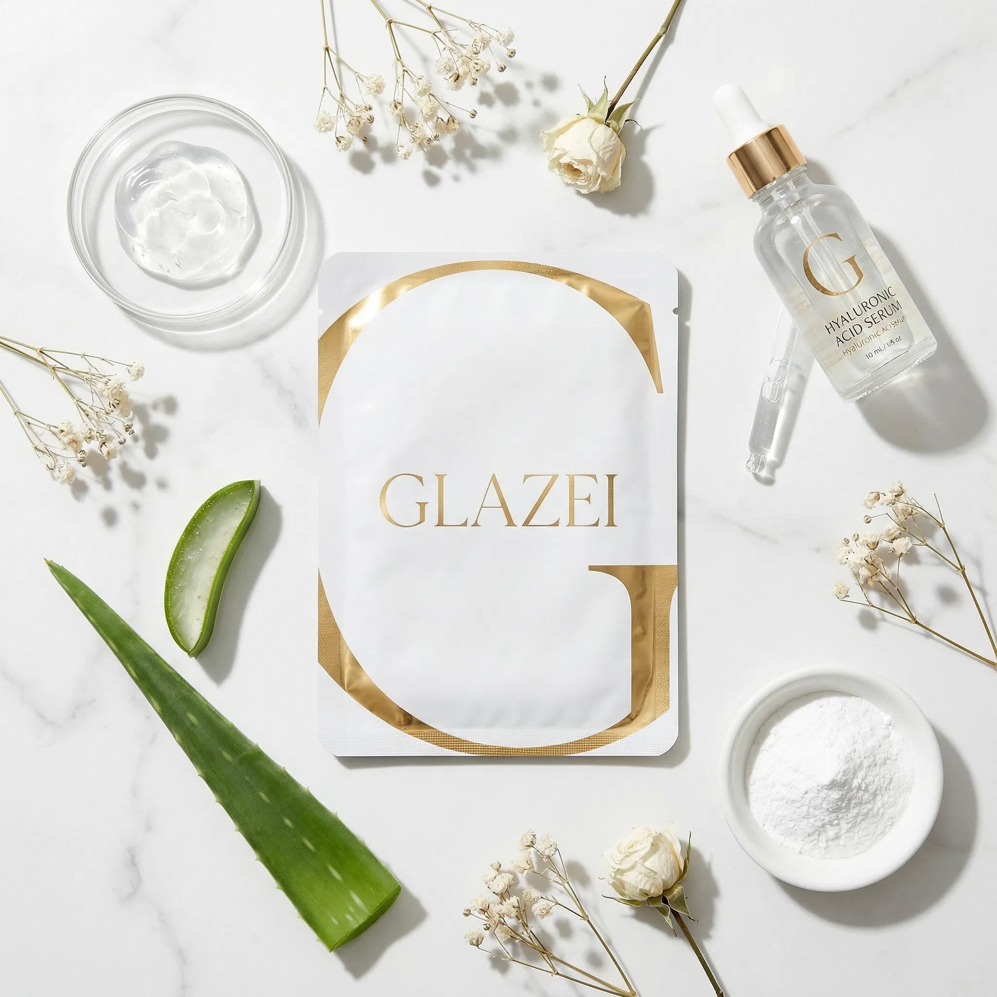 Key ingredients flatlay - collagen, hyaluronic acid, niacinamide