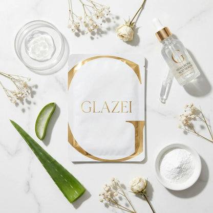 Key ingredients flatlay - collagen, hyaluronic acid, niacinamide